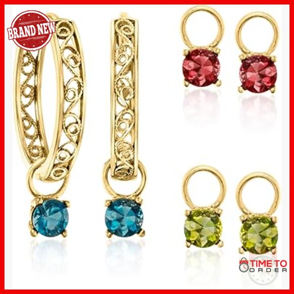 18kt Gold Hoop Earrings with 3 Pairs of Interchangeable Gemstone Drops